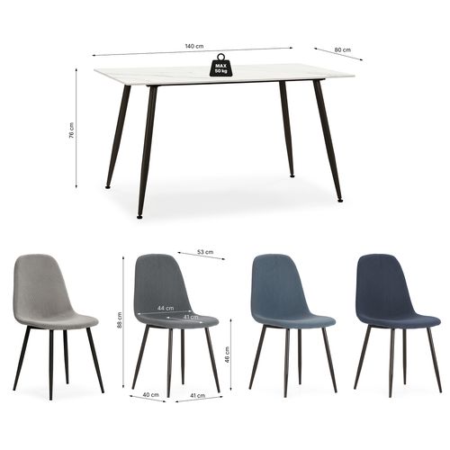 Ensemble de table en pierre frittée + 4 chaises MINKA en velours côtelé gris et bleu