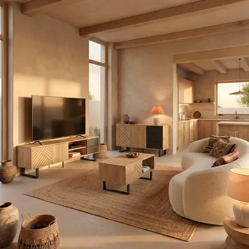 Buffet 2 portes 3 tiroirs 140 cm VANIA imitation chêne vue d'ambiance 1