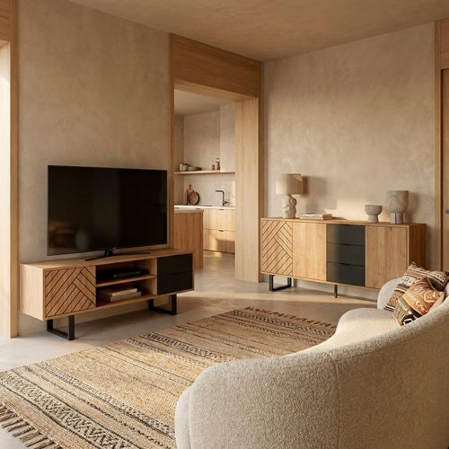 Meuble TV 140cm VANIA imitation chêne vue d'ambiance 1