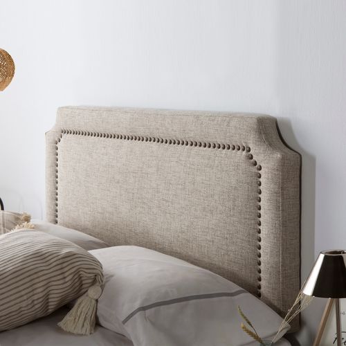 Tête De Lit Tapissée Leonor 140x60 Cm Gris, Clous En Marron, Épaisseur Totale De 8 Cm 