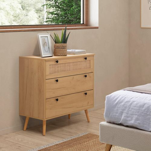 Commode Nuit Bella 3 Tiroirs Couleur Chêne Avec Rotin Naturel