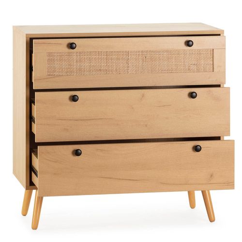 Commode Nuit Bella 3 Tiroirs Couleur Chêne Avec Rotin Naturel