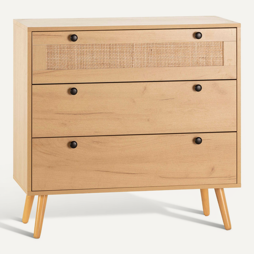 Commode Nuit Bella 3 Tiroirs Couleur Chêne Avec Rotin Naturel