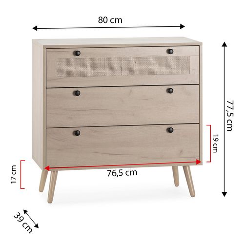 Commode Nuit Bella 3 Tiroirs Couleur Chêne Avec Rotin Naturel