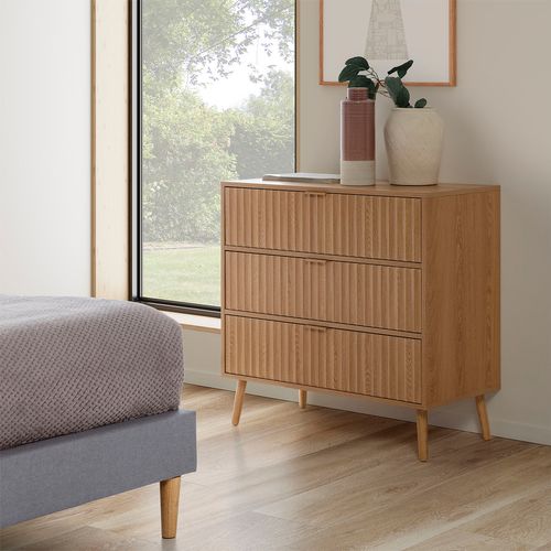 Commode De Nuit Lluvi 3 Tiroirs Coloris Chêne, Largeur 80 Cm
