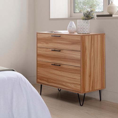 Commode De Nuit Alma 3 Tiroirs, Coloris Bois, Pieds Métal
