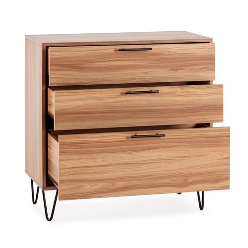 Commode De Nuit Alma 3 Tiroirs, Coloris Bois, Pieds Métal