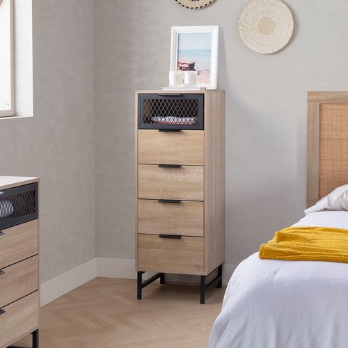 Commode Haute Hera 4 Tiroirs 1 Porte Coloris Bois