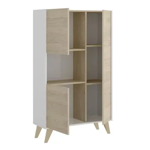 Buffet Haut 3 Portes - Décor Chene Et Blanc - Ness - L 81 X P 43 X H 135 Cm