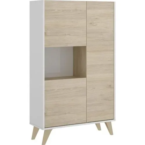 Buffet Haut 3 Portes - Décor Chene Et Blanc - Ness - L 81 X P 43 X H 135 Cm