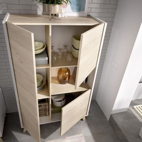 Buffet Haut 3 Portes - Décor Chene Et Blanc - Ness - L 81 X P 43 X H 135 Cm