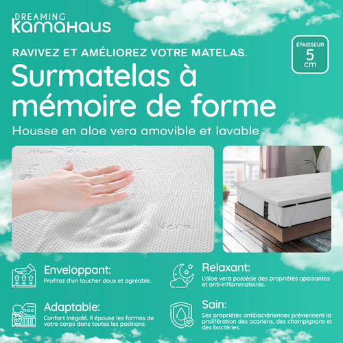 Surmatelas à Mémoire De Forme 140x200 Cm  - épaisseur 5 Cm - Housse Amovible