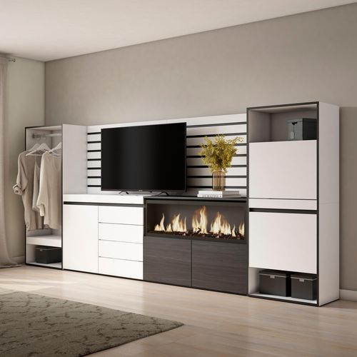 Buffet, 334x35x145cm, Cheminée électrique XXL, Commode, Meuble à Chaussures, Vestiaire Ouvert, Blanc