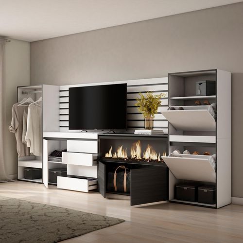 Buffet, 334x35x145cm, Cheminée électrique XXL, Commode, Meuble à Chaussures, Vestiaire Ouvert, Blanc