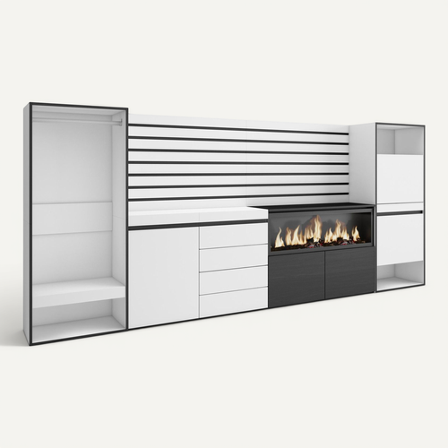 Buffet, 334x35x145cm, Cheminée électrique XXL, Commode, Meuble à Chaussures, Vestiaire Ouvert, Blanc