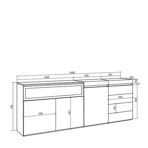 Buffet, 207x35x75cm, Cheminée Électrique, Commode, Buffet, Chêne