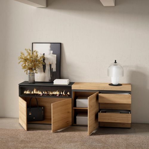 Buffet, 207x35x75cm, Cheminée Électrique, Commode, Buffet, Chêne