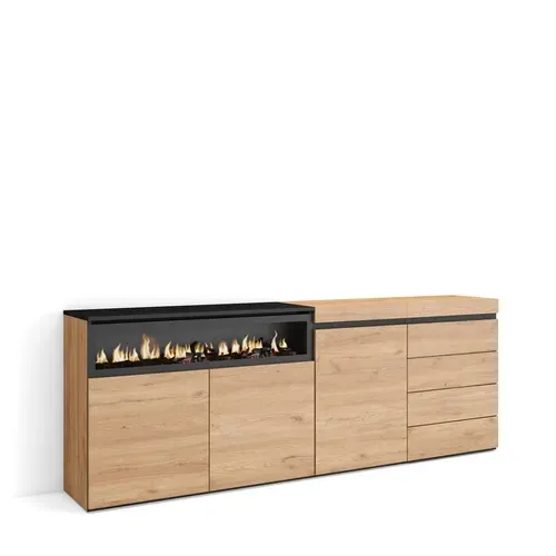 Buffet, 207x35x75cm, Cheminée Électrique, Commode, Buffet, Chêne