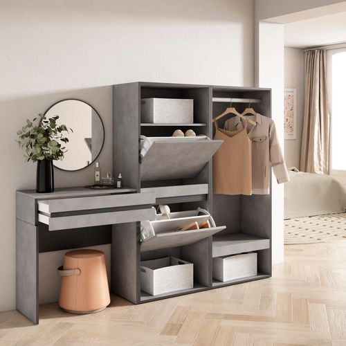 Table Console D'entrée, 190x35x145cm, Meuble à Chaussures, Vestiaire Ouvert, Gris Ciment