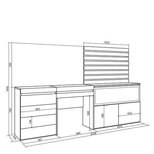 Coiffeuse, 234x35x145cm, Cheminée électrique XXL, Commode, Buffet, Panneaux Muraux En Bois, Blanc