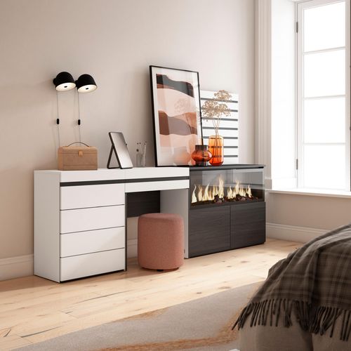 Coiffeuse, 234x35x145cm, Cheminée électrique XXL, Commode, Buffet, Panneaux Muraux En Bois, Blanc
