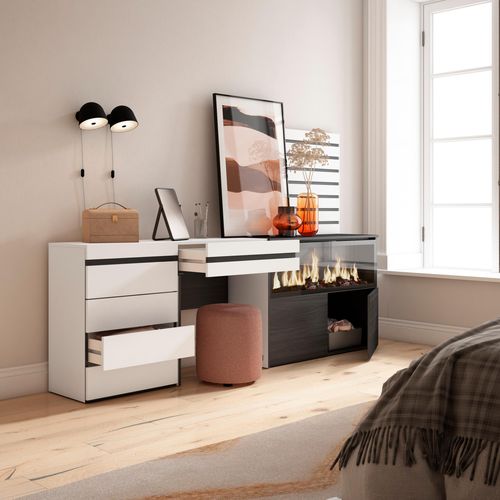 Coiffeuse, 234x35x145cm, Cheminée électrique XXL, Commode, Buffet, Panneaux Muraux En Bois, Blanc
