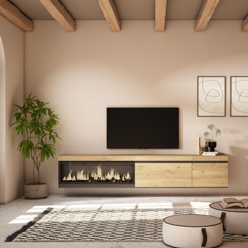 Meuble TV, Banc Télé, 237x35x45cm, Cheminée Électrique XXL, Suspendu, Mural, Chêne