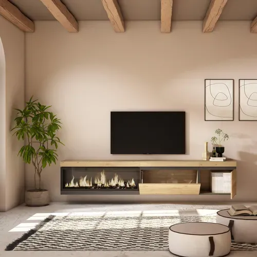 Meuble TV, Banc Télé, 237x35x45cm, Cheminée Électrique XXL, Suspendu, Mural, Chêne