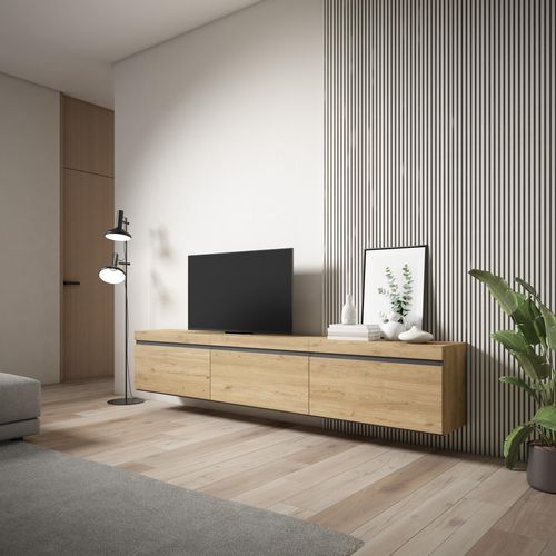 Meuble TV, Banc Télé, 240x35x45cm, Suspendu, Mural, Chêne