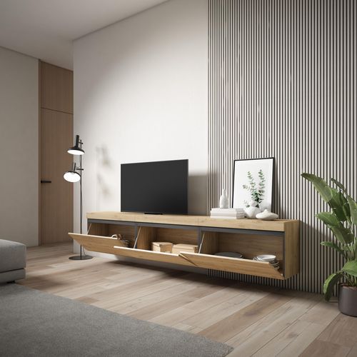 Meuble TV, Banc Télé, 240x35x45cm, Suspendu, Mural, Chêne
