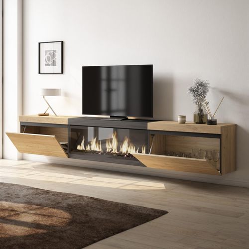 Meuble TV - Banc Télé, 267x35x45cm, Cheminée Électrique XXL, Suspendu, Mural, Chêne Et Noir