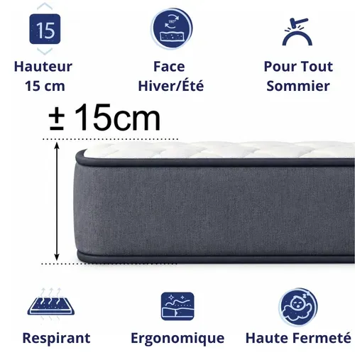 Matelas Mousse 80x200 cm NEW-YORK - Ferme - Réversible - Côté Été/hiver - H15 Cm