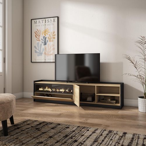 Meuble TV, Banc Télé, 207x37x50cm, Cheminée Électrique, Chêne Et Noir