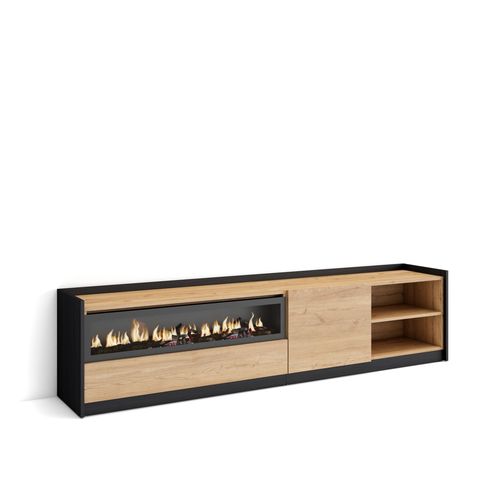 Meuble TV, Banc Télé, 207x37x50cm, Cheminée Électrique, Chêne Et Noir