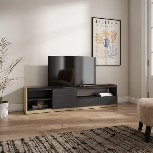 Meuble TV, Banc Télé, 207x37x50cm, Noir Et Chêne