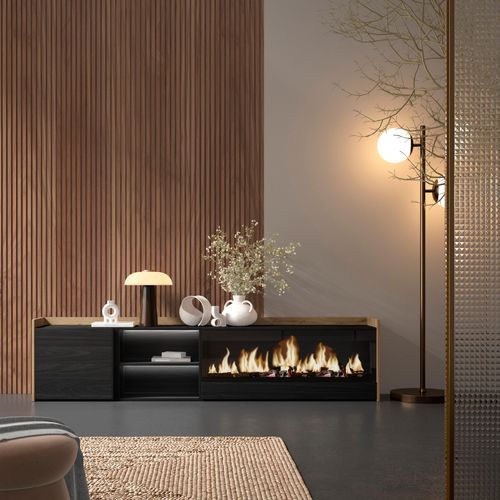 Meuble TV, Banc Télé, 212x35x50cm, Cheminée électrique XXL, LED, Noir Et Chêne