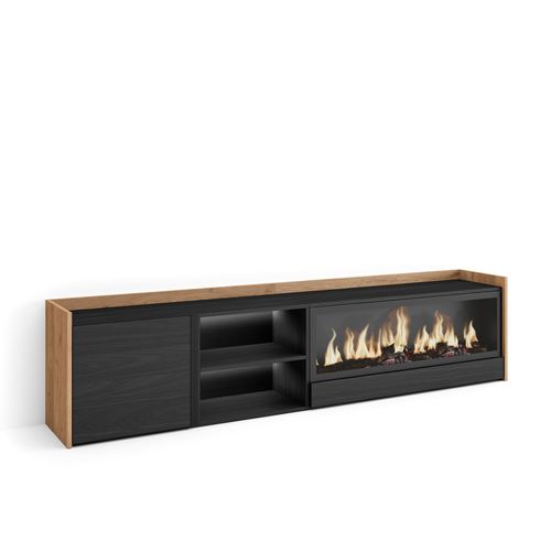 Meuble TV, Banc Télé, 212x35x50cm, Cheminée électrique XXL, LED, Noir Et Chêne