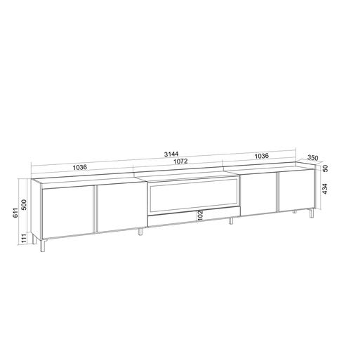 Meuble TV, Banc Télé, 315x35x61cm, Cheminée électrique XXL, Design Industriel, LED, Noir Et Chêne