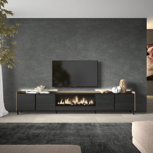 Meuble TV, Banc Télé, 315x35x61cm, Cheminée électrique XXL, Design Industriel, LED, Noir Et Chêne