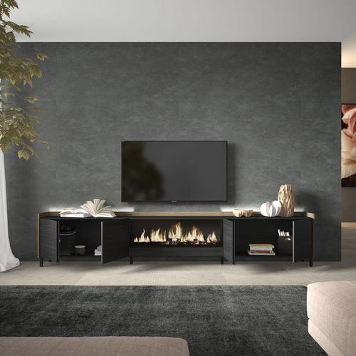 Meuble TV, Banc Télé, 315x35x61cm, Cheminée électrique XXL, Design Industriel, LED, Noir Et Chêne