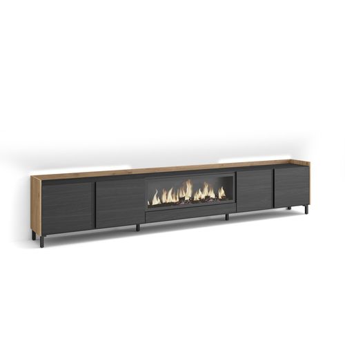 Meuble TV, Banc Télé, 315x35x61cm, Cheminée électrique XXL, Design Industriel, LED, Noir Et Chêne