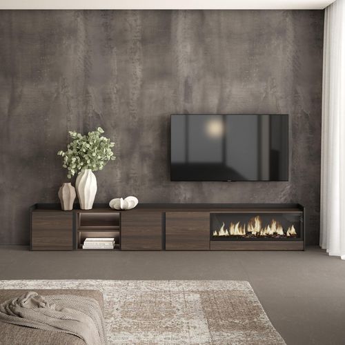 Meuble TV, Banc Télé, 315x35x50cm, Cheminée électrique XXL, LED, Chêne Foncé Et Noir