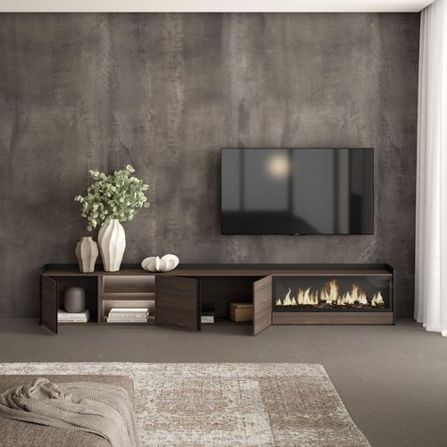 Meuble TV, Banc Télé, 315x35x50cm, Cheminée électrique XXL, LED, Chêne Foncé Et Noir
