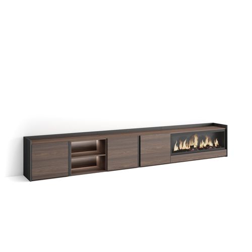 Meuble TV, Banc Télé, 315x35x50cm, Cheminée électrique XXL, LED, Chêne Foncé Et Noir