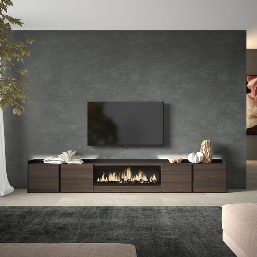 Meuble TV, Banc Télé, 315x35x50cm, Cheminée électrique XXL, LED, Chêne Foncé Et Noir