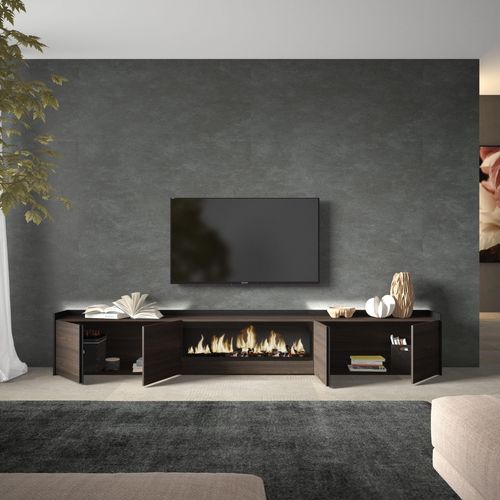 Meuble TV, Banc Télé, 315x35x50cm, Cheminée électrique XXL, LED, Chêne Foncé Et Noir