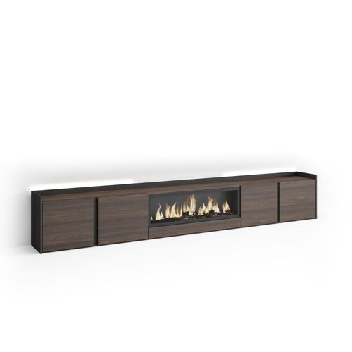 Meuble TV, Banc Télé, 315x35x50cm, Cheminée électrique XXL, LED, Chêne Foncé Et Noir