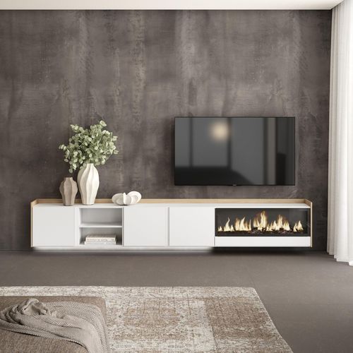 Meuble TV, Banc Télé, 315x35x50cm, Cheminée électrique XXL, Suspendu, Mural, LED, Blanc, Chêne Soft