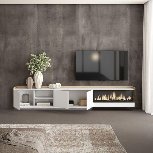 Meuble TV, Banc Télé, 315x35x50cm, Cheminée électrique XXL, Suspendu, Mural, LED, Blanc, Chêne Soft