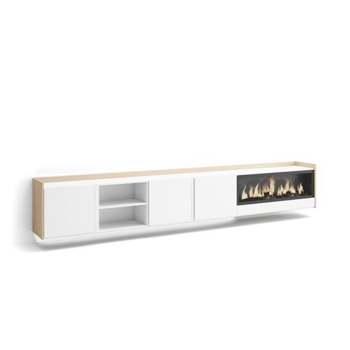 Meuble TV, Banc Télé, 315x35x50cm, Cheminée électrique XXL, Suspendu, Mural, LED, Blanc, Chêne Soft